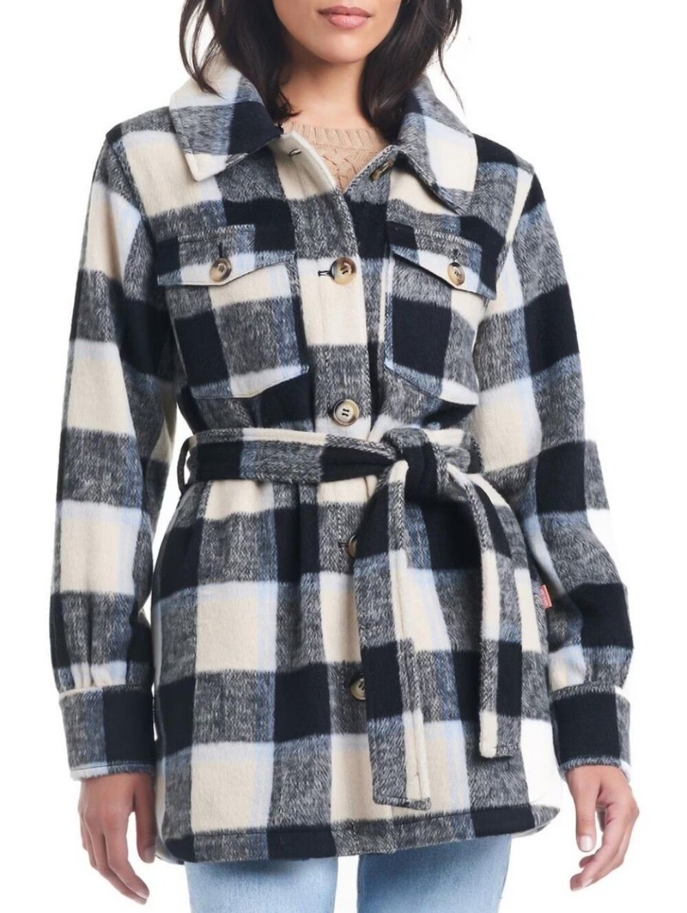 Ava & Viv Black and Cream Plaid Belted Faux Wool Utility Shacket. Size 1X.